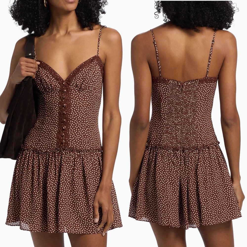 NEW Reformation Citrus Polka Dot Minidress Chocolate Brown Button Front Size 12